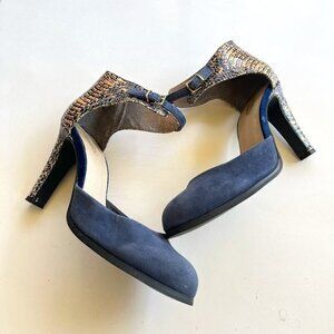 Seychelles Ankle Strap Heels Blue Suede Tan Leather Pump Womens‎ Size 8 Shoes
